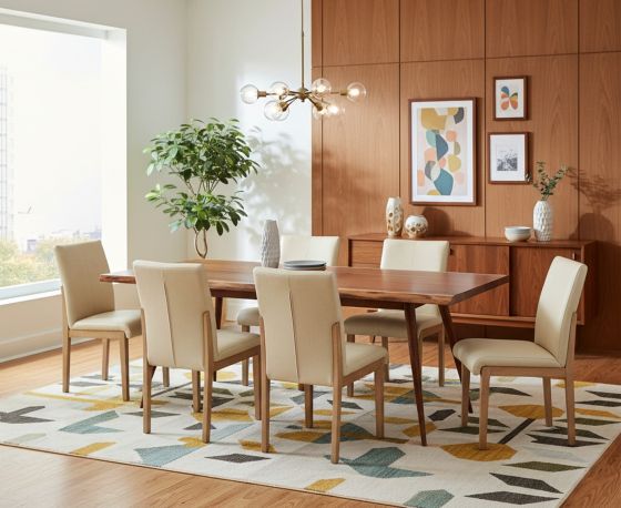 Soft Modern Dining Table: Some lifestyle images are created with AI for visualization purposes. Crafted from natural solid wood, each piece is unique and will vary.