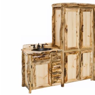Aspen Lodge Gnarly Log Vanity - CUSTOM 30" Vanity w/ drawers (top drawer of bank is faux.) - CUSTOM 48" Double Door Linen Closet