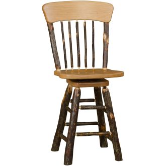 Rustic Hickory Swivel Log Oak Back Barstool